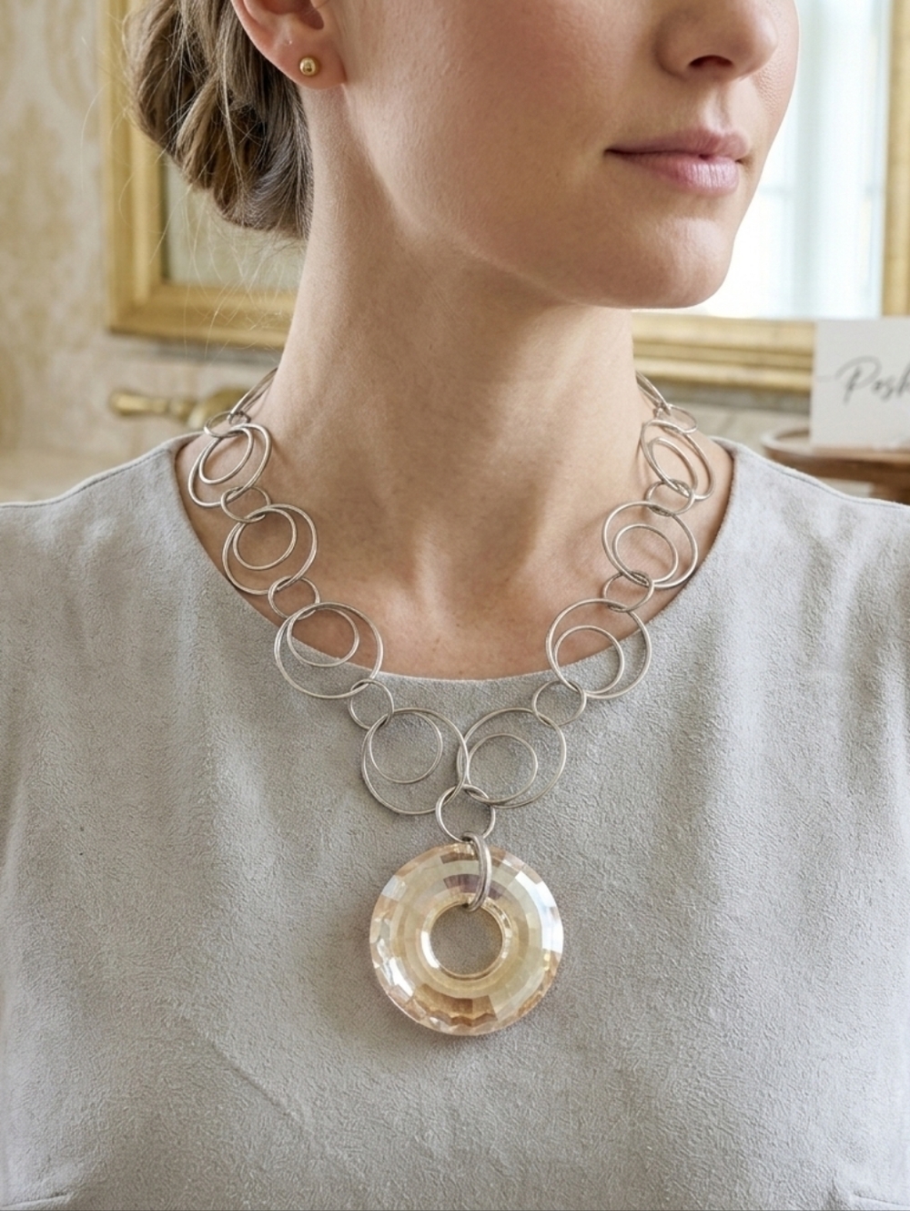 Large Faceted Crystal Circle Pendant on Multi-Ring Silver Chain